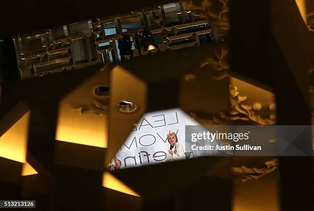 Democratic presidential candidate former Secretary of State Hillary Clinton is seen reflected in a mirror as she speaks during the BET Networks...