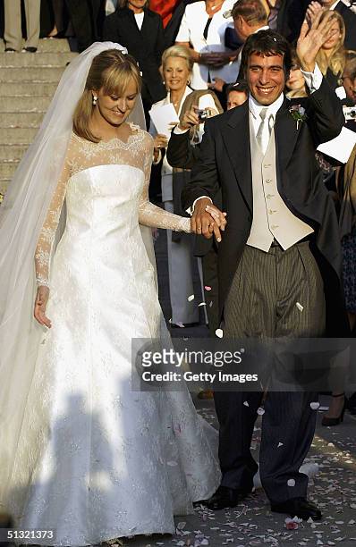 Carlo Ponti Jr leaves St. Stephen's Basilica with his wife Andrea Meszaros after their marriage ceremony September 18, 2004 in Budapest, Hungary.