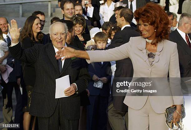 Sophia Loren and Carlo Ponti snr attend the wedding of Carlo Ponti Jr and Andrea Meszaros September 18, 2004 in Budapest, Hungary.