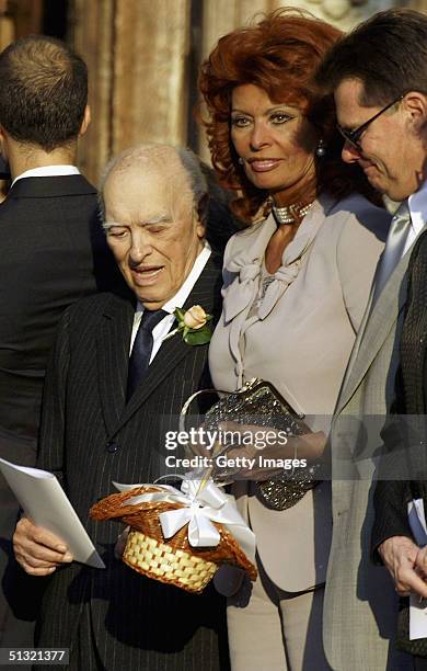 Sophia Loren and Carlo Ponti snr attend the wedding of Carlo Ponti Jr and Andrea Meszaros September 18, 2004 in Budapest, Hungary.