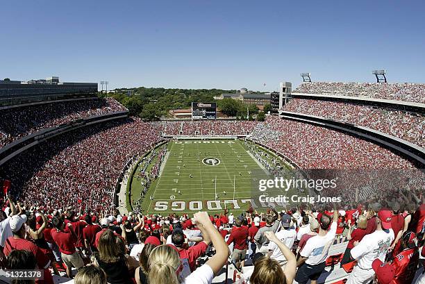 The Georgia Bulldogs kick the ball off to the Marshall Thundering Herd on September 18, 2004 at Sanford Stadium in Athens, Georgia.