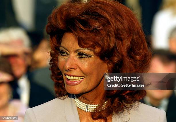 Sophia Loren attends the wedding of Carlo Ponti Jr and Andrea Meszaros September 18, 2004 in Budapest, Hungary.