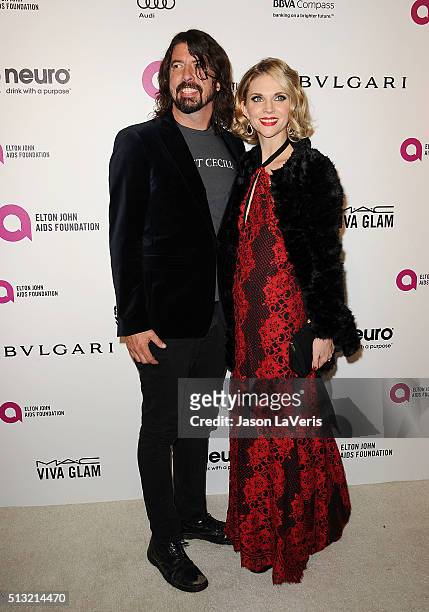 Dave Grohl and wife Jordyn Blum attend the 24th annual Elton John AIDS Foundation's Oscar viewing party on February 28, 2016 in West Hollywood,...
