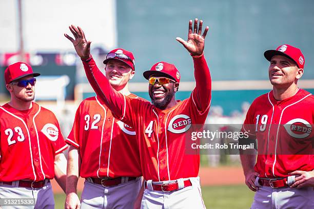 Brandon Phillips of the Cincinnati Reds looks on during a spring training game against the Cleveland Indians at Goodyear Ballpark on March 1, 2016 in...