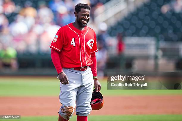 Brandon Phillips of the Cincinnati Reds looks on during a spring training game against the Cleveland Indians at Goodyear Ballpark on March 1, 2016 in...