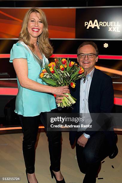 Anne Gesthuysen and Frank Plasberg attend 'Paarduell XXL' photo call on March 1, 2016 in Huerth, Germany.