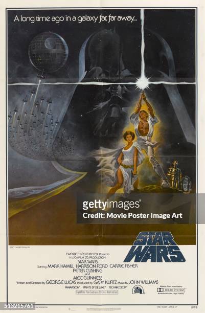 Poster for George Lucas' 1977 fantasy film 'Star Wars' starring Mark Hamill and Carrie Fisher.