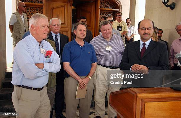 Rep. Amo Houghton , Rep. Wally Herger, , Rep. Phil English and Iraqi Deputy Prime Minister Barhem Saleh attend a press conference September 18, 2004...