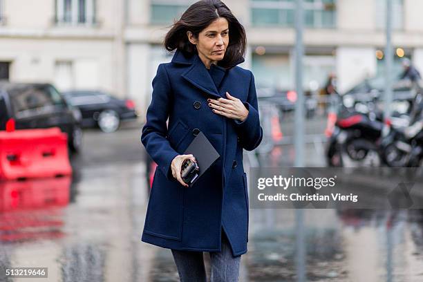 March 1: Barbara Martelo is seen wearing a navy blue wool coat and jeans outside Anthony Vaccarello during the Paris Fashion Week Womenswear...