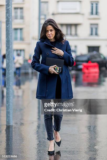 March 1: Barbara Martelo is seen wearing a navy blue wool coat and jeans outside Anthony Vaccarello during the Paris Fashion Week Womenswear...