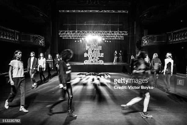 Models walk the runway during the rehearsal before the Each X Other show as part of the Paris Fashion Week Womenswear Fall/Winter 2016/2017 >> on...