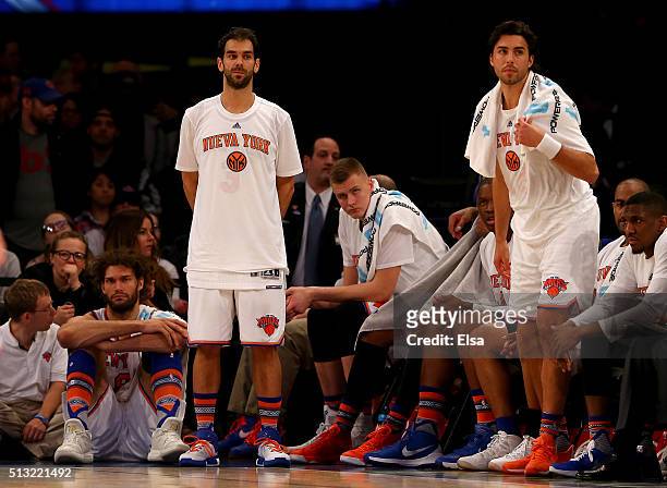Robin Lopez,Jose Calderon,Kristaps Porzingis and Sasha Vujacic of the New York Knicks react to the loss against the Portland Trail Blazers at Madison...