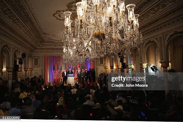 Republican Presidential frontrunner Donald Trump speaks to the media at the Mar-A-Lago Club on March 1, 2016 in Palm Beach, Florida. Trump held the...