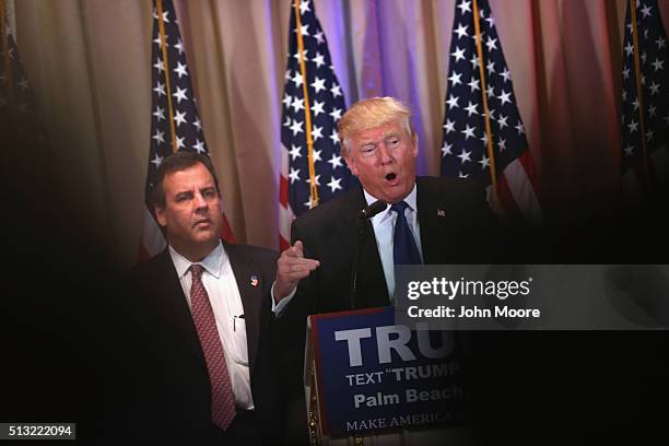 Republican Presidential frontrunner Donald Trump speaks to the media at the Mar-A-Lago Club on March 1, 2016 in Palm Beach, Florida. Trump held the...