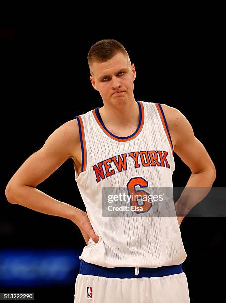 Kristaps Porzingis of the New York Knicks reacts after he is called for a foul in the second half against the Portland Trail Blazers at Madison...