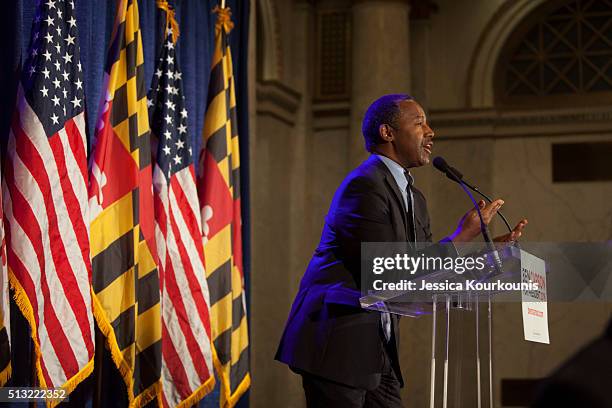 Republican candidate Dr. Ben Carson speaks to supporters at his campaign at his Super Tuesday election party at the Grand Hotel on March 1, 2016 in...
