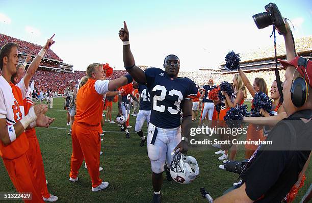 Ronnie Brown of the Auburn Tigers celebrates after defeating the LSU Tigers in a game on September 18, 2004 at Jordan-Hare Stadium in Auburn, Alabama.