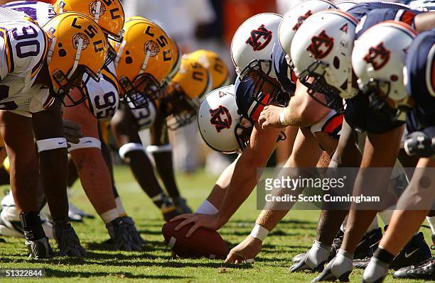 The Auburn Tigers and the LSU Tigers line up during a game on September 18, 2004 at Jordan-Hare Stadium in Auburn, Alabama.