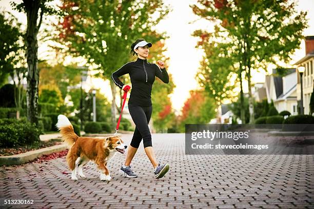 young woman walking dog - speed walking stock pictures, royalty-free photos & images