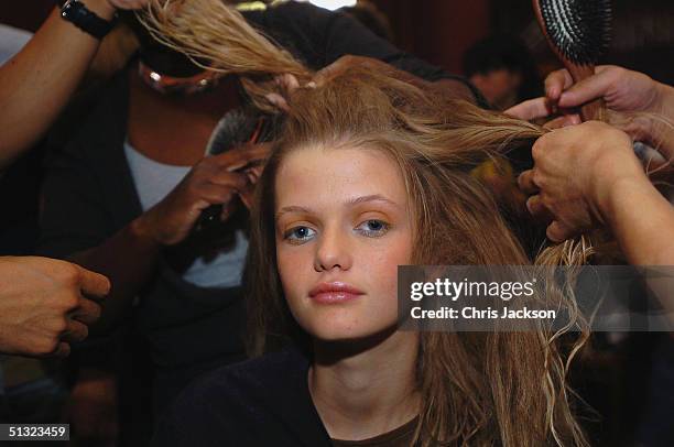 Model is seen backstage at the Elspeth Gibson fashion show as part of London Fashion Week Spring/Summer 2005 at Kent House on September 19, 2004 in...