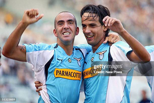 Paulo di Canio and Simone Inzaghi of Lazio celebrate during the Serie A match between Lazio and Reggina at the Stadio Olimpico on September 19, 2004...