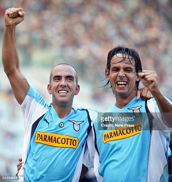 Paulo di Canio and Simone Inzaghi of Lazio celebrate during the Serie A match between Lazio and Reggina at the Stadio Olimpico on September 19, 2004...