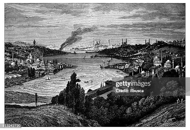 antique illustration of view of istanbul (turkey) with golden horn - estuary stock illustrations