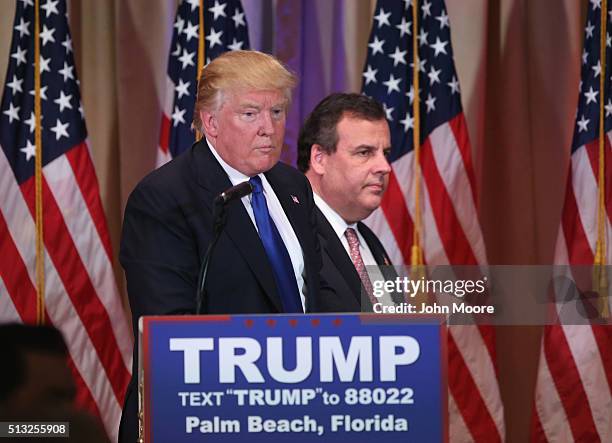 Republican Presidential frontrunner Donald Trump leaves the stage after speaking to the media his Mar-A-Lago Club on Super Tuesday, March 1, 2016 in...