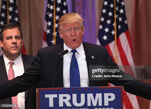 Republican Presidential frontrunner Donald Trump speaks to the media at his Mar-A-Lago Club on Super Tuesday, March 1, 2016 in Palm Beach, Florida....