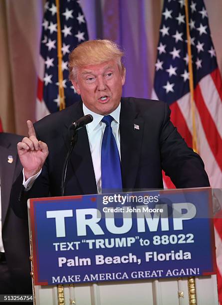 Republican Presidential frontrunner Donald Trump speaks to the media at his Mar-A-Lago Club on Super Tuesday, March 1, 2016 in Palm Beach, Florida....