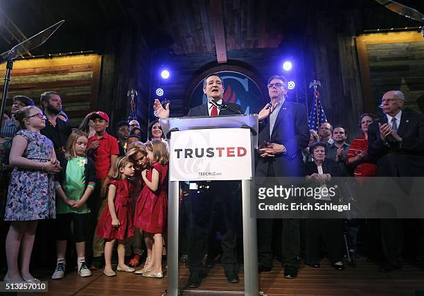 Republican presidential candidate, Sen. Ted Cruz celebrates at a Super Tuesday watch party at the Redneck Country Club March 1, 2016 in Stafford,...