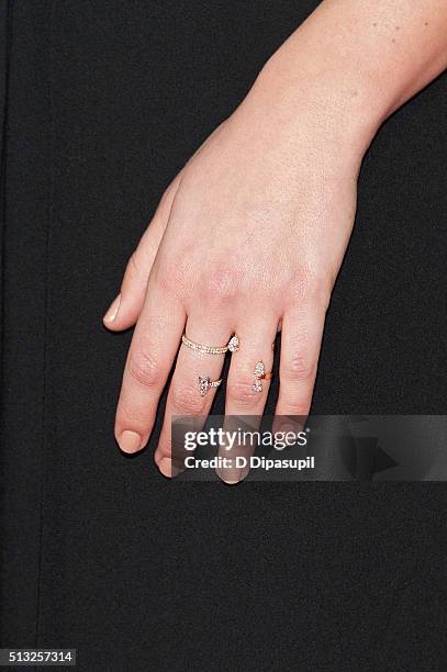 Margot Robbie, ring detail, attends the "Whiskey Tango Foxtrot" world premiere at AMC Loews Lincoln Square 13 theater on March 1, 2016 in New York...