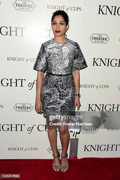 Actress Freida Pinto attends the premiere of Broad Green Pictures' "Knight Of Cups" on March 1, 2016 in Los Angeles, California.