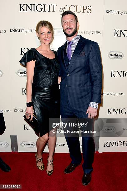 Model Angela Lindvall and actor Pablo Schreiber attend the premiere of Broad Green Pictures' "Knight Of Cups" on March 1, 2016 in Los Angeles,...