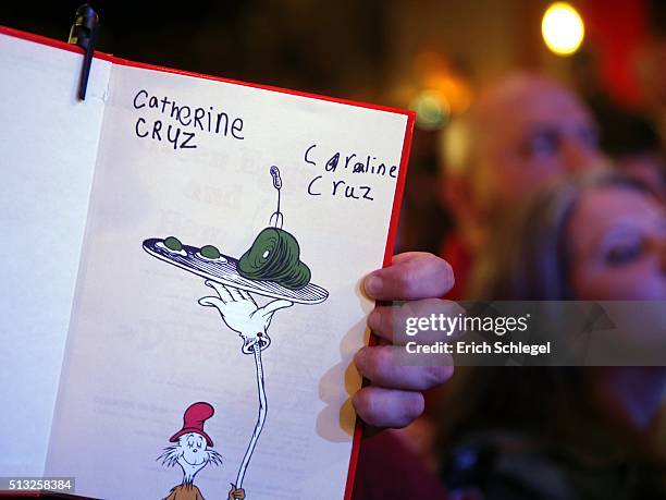 Dr. Seuss book with the signatures of Catherine Cruz and Caroline Cruz, the daughters of Republican presidential candidate, Sen. Ted Cruz are shown...