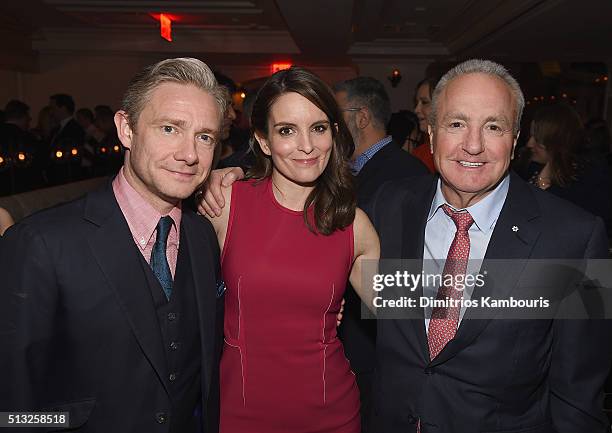 Martin Freeman, producer/actress Tina Fey and Lorne Michaels attend the 'Whiskey Tango Foxtrot' world premiere after party at Tavern on the Green on...