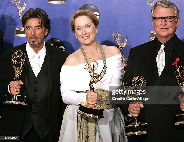 Best Actor winners Al Pacino, Meryl Streep and director Mike Nichols, winners for Outstanding Miniseries for HBO's "Angels in America", pose...