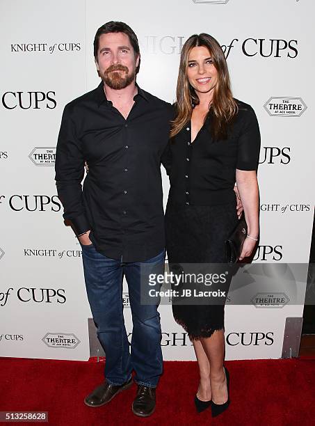 Actor Christian Bale and Sibi Blazic attend the premiere of Broad Green Pictures' 'Knight of Cups' held at The Theatre at Ace Hotel on March 1, 2016...