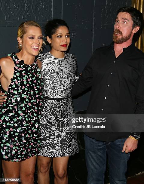 Actress Freida Pinto, Teresa Palmer and Christian Bale attend the premiere of Broad Green Pictures' 'Knight of Cups' held at The Theatre at Ace Hotel...