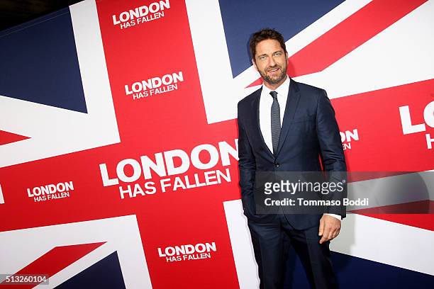 Actor Gerard Butler attends the premiere of Focus Features' "London Has Fallen" held at ArcLight Cinemas Cinerama Dome on March 1, 2016 in Hollywood,...