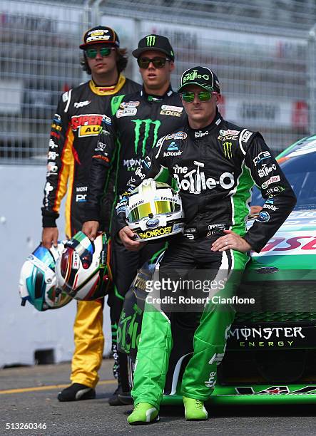 Mark Winterbottom, Cam Waters and Chaz Mostert are seen during filming of a television commercial ahead of the V8 Supercars Clipsal 500 at Adelaide...