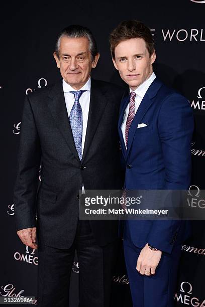 President and CEO of OMEGA Stephen Urquhart and actor Eddie Redmayne attend the OMEGA celebrates the launch of the Master Chronometer Globemaster at...