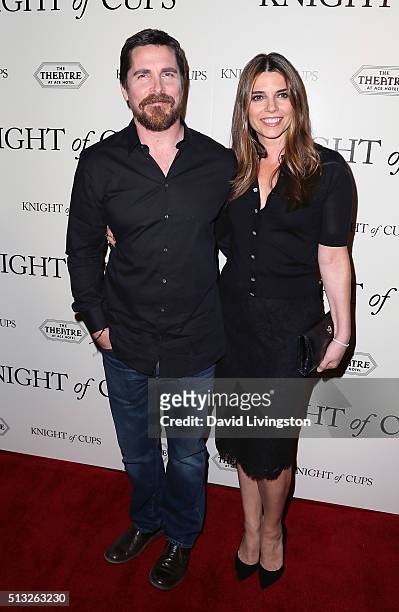 Actor Christian Bale and wife actress Sibi Blazic attend the premiere of Broad Green Pictures' "Knight of Cups" at The Theatre at Ace Hotel on March...