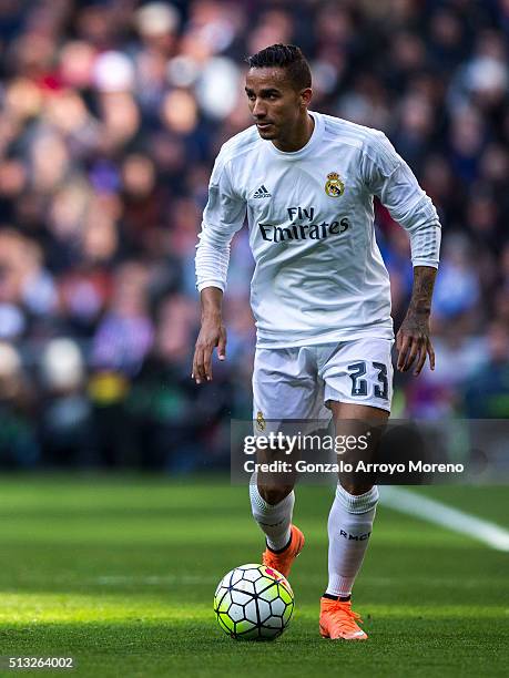 Danilo Luiz da Silva of Real Madrid CF controls the ball during the La Liga match between Real Madrid CF and Club Atletico de Madrid at Estadio...