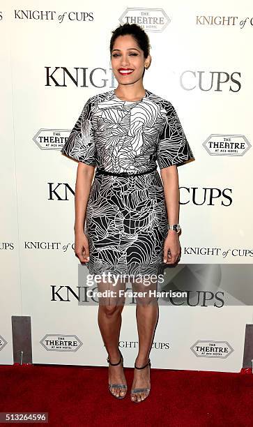 Actress Freida Pinto Premiere Of Broad Green Pictures' "Knight Of Cups" at the Theatre at Ace Hotel on March 1, 2016 in Los Angeles, California.