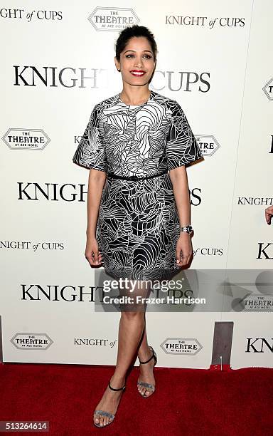 Actress Freida Pinto Premiere Of Broad Green Pictures' "Knight Of Cups" at the Theatre at Ace Hotel on March 1, 2016 in Los Angeles, California.