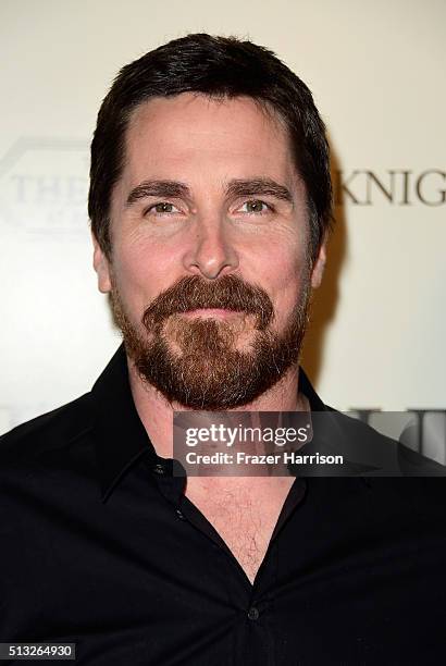 Actor Christian Bale arrives at the Premiere Of Broad Green Pictures' "Knight Of Cups" at the Theatre at Ace Hotel on March 1, 2016 in Los Angeles,...