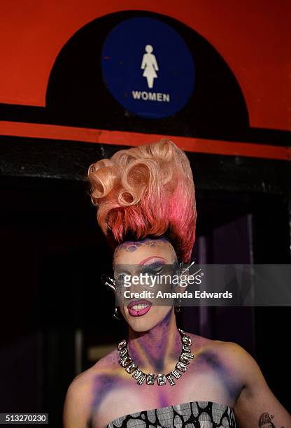 Drag queen Acid Betty arrives at the premiere of Logo's "RuPaul's Drag Race" Season 8 at The Mayan Theater on March 1, 2016 in Los Angeles,...