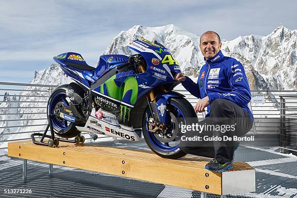 Movistar Yamaha MotoGP Team Director Massimo Meregalli is pictured with the 2016 Yamaha YZR-M1 of Valentino Rossi on the panoramic terrace of Punta...