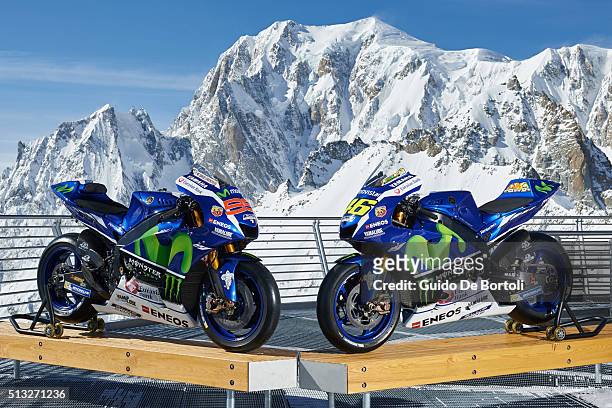 The 2016 Yamaha YZR-M1s of Jorge Lorenzo and Valentino Rossi are pictured on the panoramic terrace of Punta Helbronner cable car station with the...